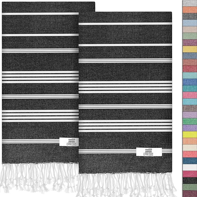 Hand Towels - Set of 2 | 18" x 30" - Decorative Turkish Hand Towel for Bathroom, Kitchen, Guest, Face, Hair, Tea, Dishcloth (Sultan, Black)