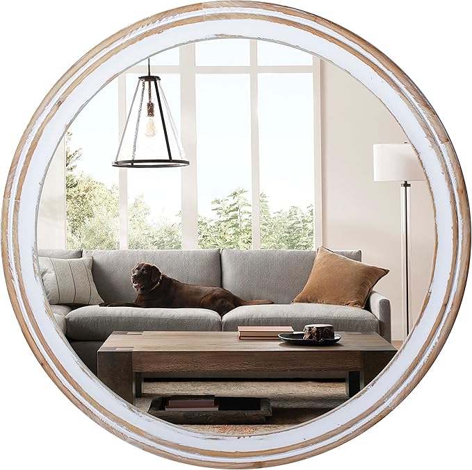 Reflinto 30 Inch Rustic Farmhouse Wooden Round Mirrors for Wall Decor, | Washwhite Decorative Circle Mirror for Bathroom Over Sink, Entryway, Living Room, Foyer