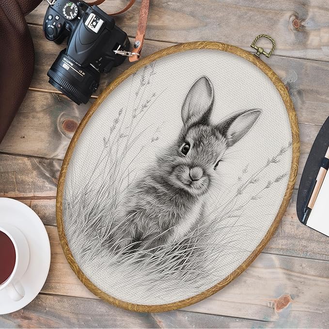 CGBHW Easter Bunny Oval Wall Art Decor, Rustic Farmhouse Bunny Canvas Prints Framed, Neutral Cottagecore Easter Sketch Rabbit Wall Art Hanging Decor for Home Kitchen Bedroom Living Room, 8.6x11.4 Inch