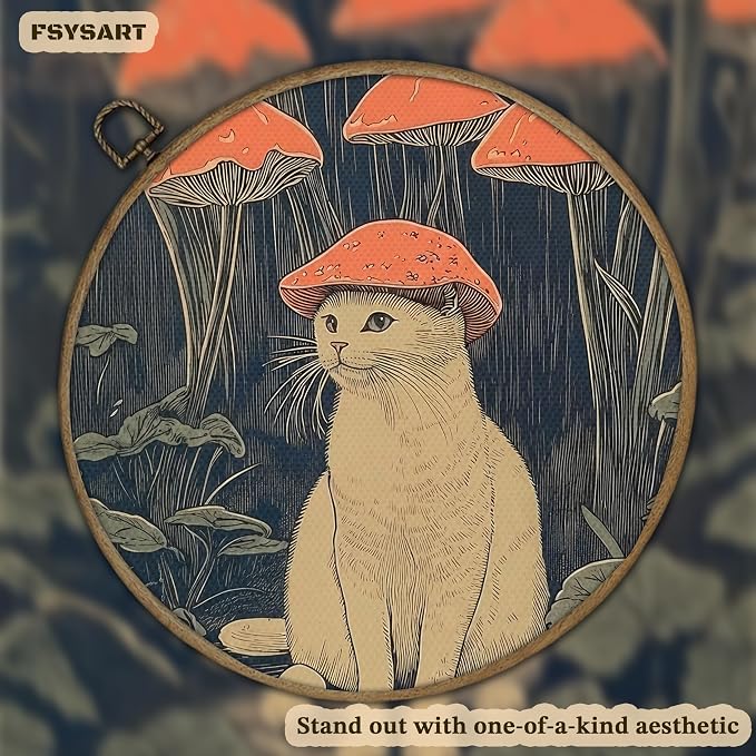 Framed Vintage Cat Wall Art, Whimsical White Cat with Mushroom Hat in Forest Canvas Print, Fantasy Quirky Woodland Animal Painting, Funny Retro Wall Decor for Living Room Bedroom Study 16x24in