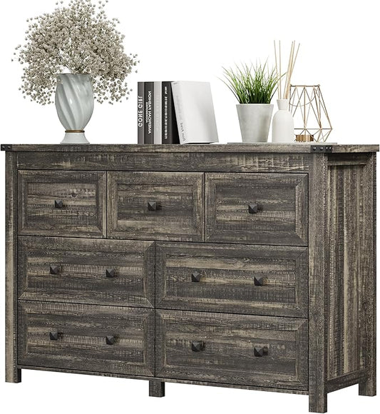 Dresser for Bedroom with 7 Drawers, Farmhouse Wood Chest of Drawers, Wide TV Stand Closet Storage Furniture with Metal Handle, Modern Wooden Clothes Organizer for Hallway, Living Room, Entryway, Grey