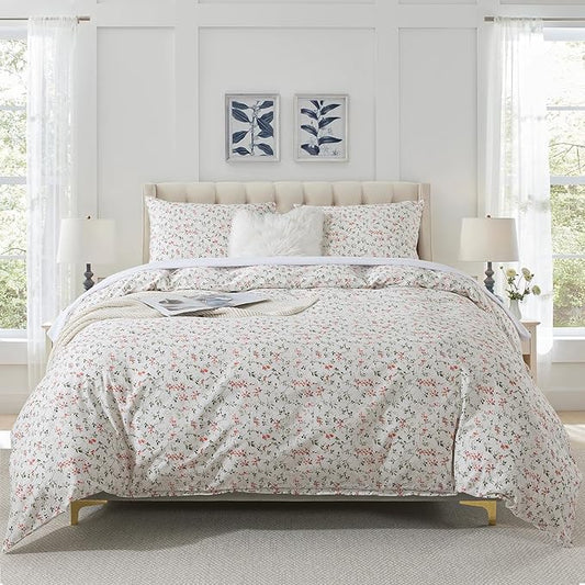 HoneiLife Duvet Cover Queen Size - Cotton Comforter Cover Floral Duvet Cover Sets 3-PC, Soft & Breathable Duvet Cover with Zipper Closure & Corner Ties, Wildflower Comforter Cover Sets, Red Bean