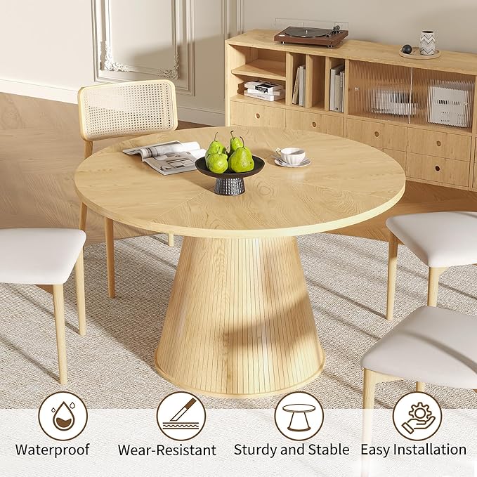47 inch Round Dining Table for 4-6, Circle Kitchen Table with Sturdy Tapered Base, Mid Century Modern Fluted Dining Tables for Dining Room, Kitchen, Living Room (Wood, 47inch)
