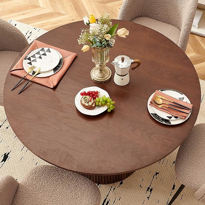 5 Piece 47-inch Round Dining Table Set for 4, Rustic Walnut Dinner Table with Upholstered Dining Room Chairs Brown, Engineered Wood Kitchen Table with Wood Strips Base