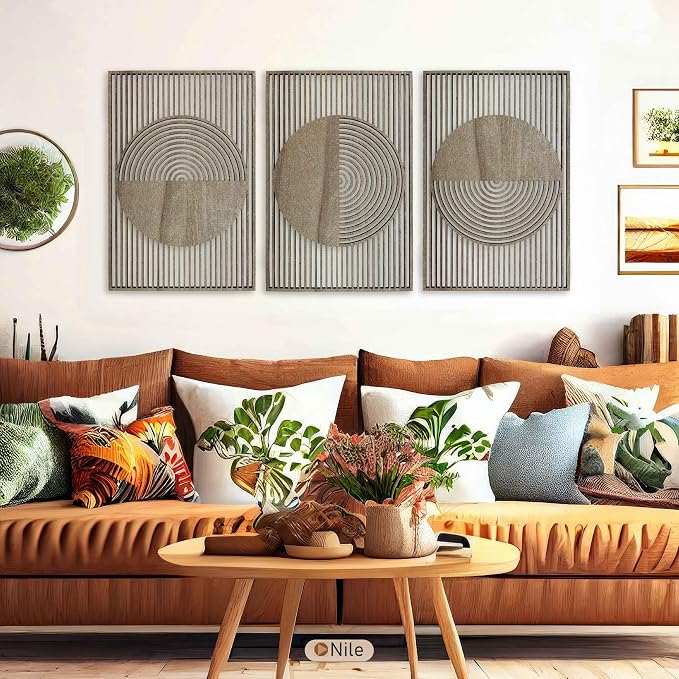 Boho Wood Wall Art Triptych, Abstract Geometric Wooden Panels, Mid Century Modern Scandinavian Decor, Large Statement New House Gift for Living Room and Bedroom