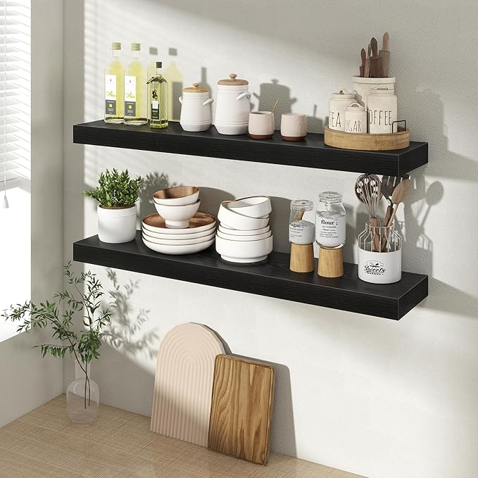 30 Inch Floating Shelves for Wall 2 Pack, 30" Wall Shelves for Books, Storage, Decor, Wall Mounted Floating Shelf with Invisible Brackets for Kitchen, Living Room, Black