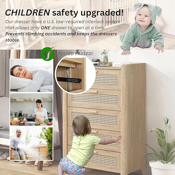 ELISA HOME Rattan-Inspired 5 Drawers Dresser for Bedroom, 47.2" Tall Dressers, Wood Drawer Organizer for Clothes, Entryway, Hallway, Nursery or Living Room, Oak