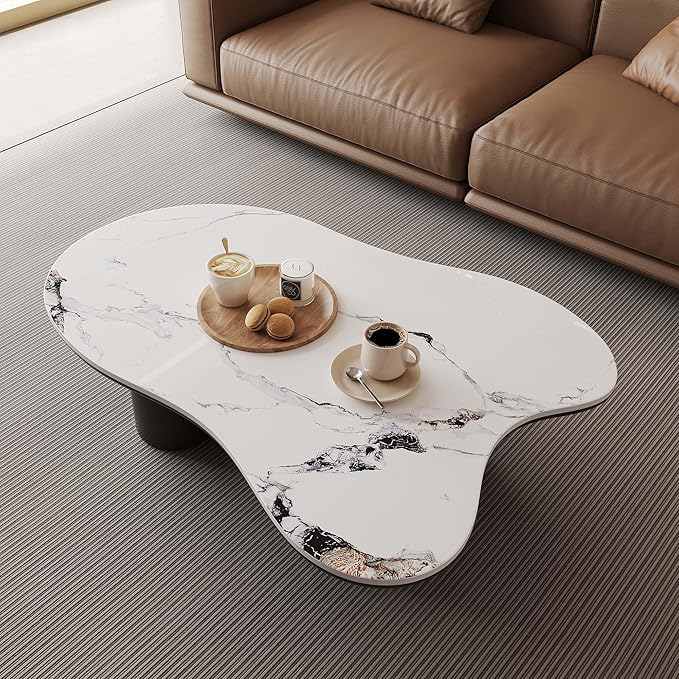 Cloud Coffee Table, Irregular Indoor Tea Table for Living Room, 48.4" Modern Home Sintered Stone End Table with 4 Black Legs