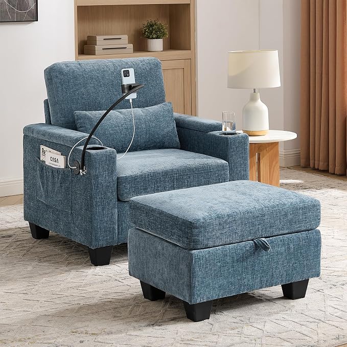 Oversized Chaise Lounge Chair Indoor, Single Convertible Recliner Reading Arm Sofa Chair W/Adjustable Backrest & Charging Port Couch Bed for Living Room, Home Theater & Bedroom, Blue
