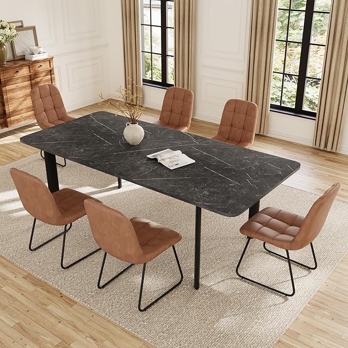 Extendable Dining Table Set for 6-8 People, 63 to 78.7 Inch MDF Kitchen Table with 6 Faux Leather Dining Chairs, Space-Saving for Dining Room, Breakfast Nook (Dark Grey Table & 6 Brown Leather Chairs)
