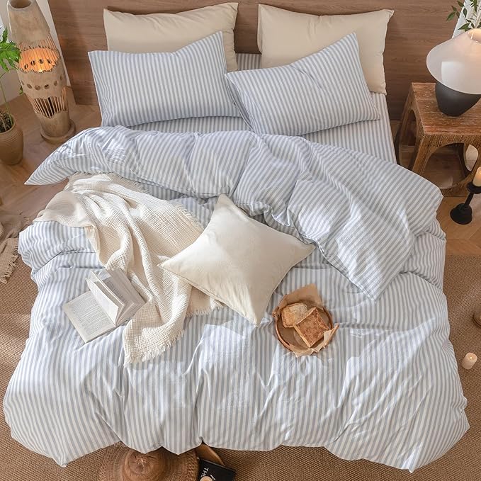 MooMee Striped Duvet Cover Set 100% Washed Cotton Linen Like Textured Breathable Durable Soft Comfy (Cornflower Blue White Classic Stripes, Super King 108"x98")