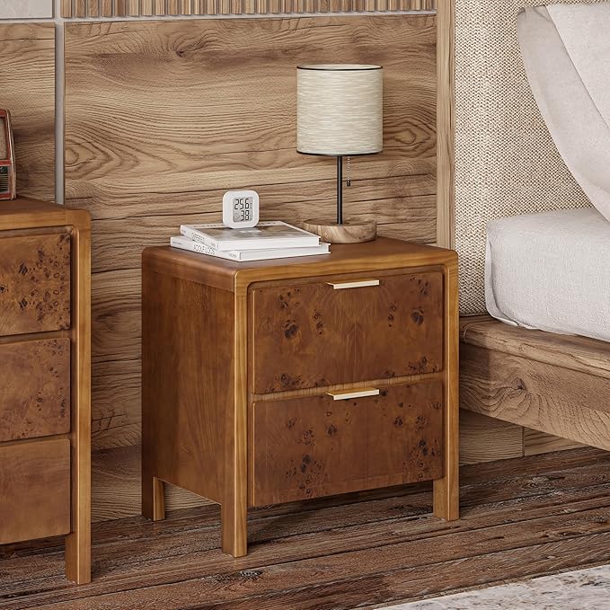 COZAYH Farmhouse Nightstand Set of 2 with 2 Drawer, Distressed Wood Rustic Accent Bedside Table, Burl Finish Side Table for Bedroom, Entryway, Fully Assembled, Brown