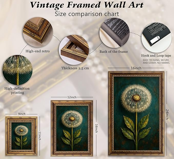 Vintage Gold Framed Dandelion Canvas Wall Art, Teal Background Botanical Oil Painting Print, Retro Moody Botanical Picture Poster， Country Farmhouse Wall Decor，for Home Living Room Bedroom，9x11in