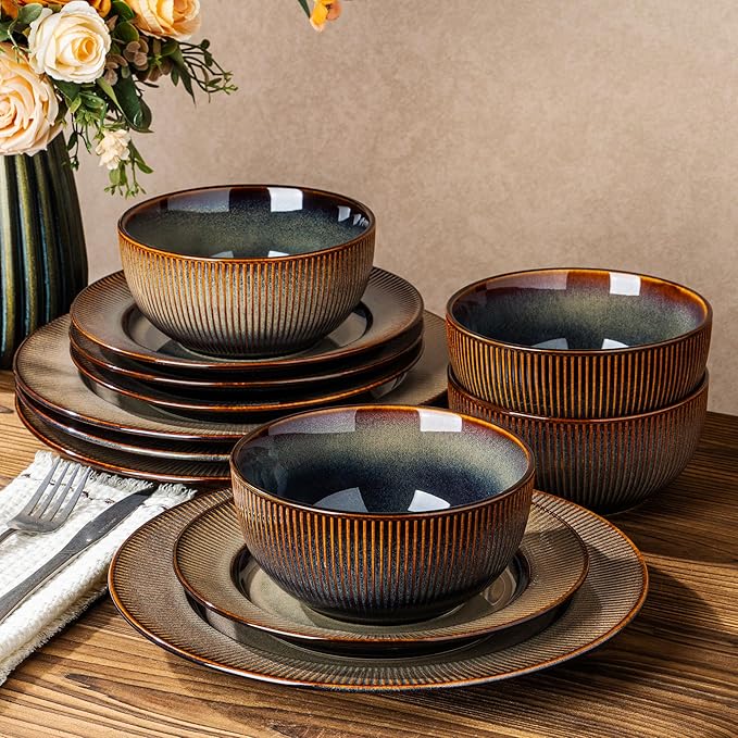 TheTerra Stoneware Dinnerware Sets for 4, 12 Pieces Ceramic Plates and Bowls Sets, Scratch Resistant Embossed Dish Set, Oven, Microwave & Dishwasher Safe, Coca Mocha