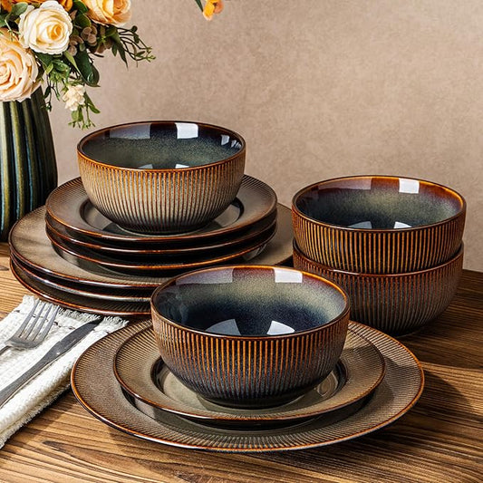 TheTerra Stoneware Dinnerware Sets for 4, 12 Pieces Ceramic Plates and Bowls Sets, Scratch Resistant Embossed Dish Set, Oven, Microwave & Dishwasher Safe, Coca Mocha