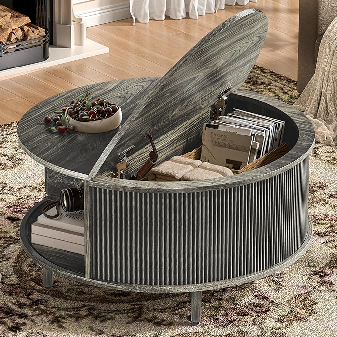 Round Coffee Table, 31.5" Fluted Center Table with Storage, Lift-Top Coffee Table with Adjustable Footpads, Sliding Door, Mid-Century Modern Center Table for Living Room, Small Space (Grey)