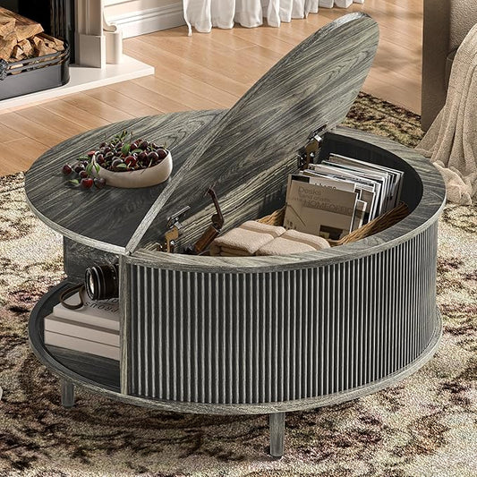 Round Coffee Table, 31.5" Fluted Center Table with Storage, Lift-Top Coffee Table with Adjustable Footpads, Sliding Door, Mid-Century Modern Center Table for Living Room, Small Space (Grey)
