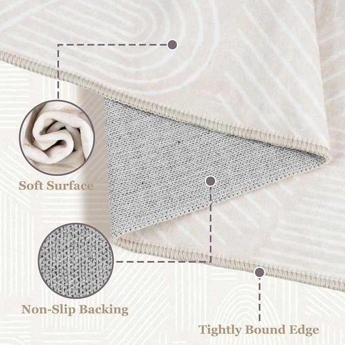 MUJOO 2x6 Runner Rug Washable,Mid Century Modern Abstract Non Slip Low Pile Runner Rug,Neutral Beige and White Rug for Hallway Kitchen Entryway