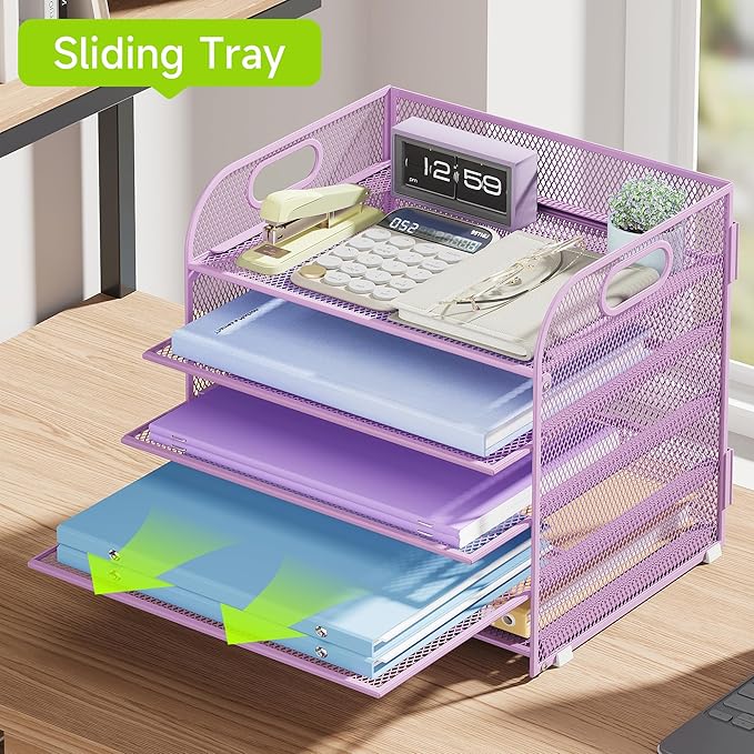 5 Tier Paper Organizer with Handle, Metal Mesh Desk Organizer File Folder Paper Letter Tray Desktop Document Sorter for Classroom, School, Office Accessories Organization and Storage - Purple