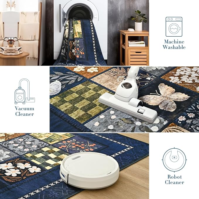 Tepook 4x6 Area Rugs for Living Room, Modern Large Geometric Rug for Bedroom, Washable Patchwork Rug Indoor Non Slip Throw Carpets for Dining Room Office Farmhouse Home Decor, Navy Blue