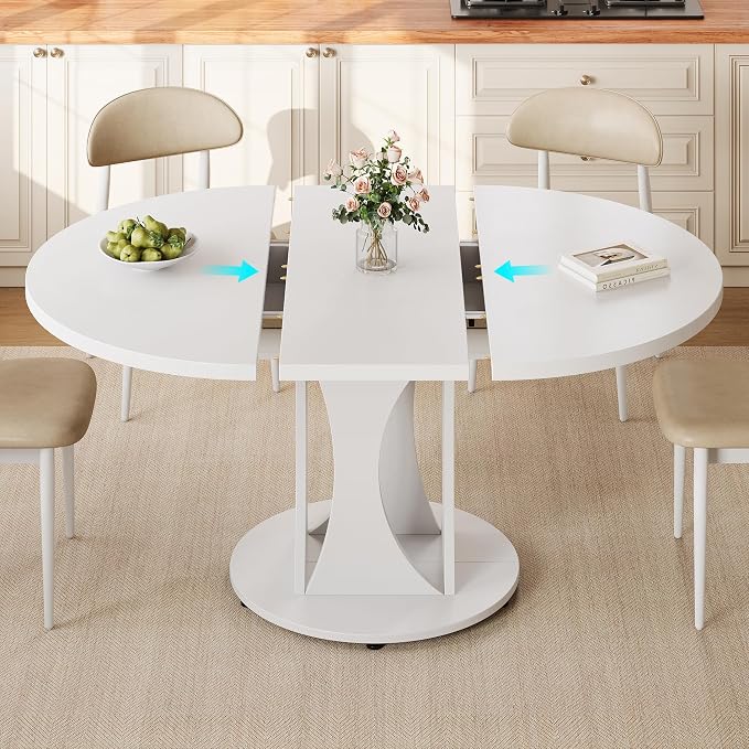 Einhomn 59" Extendable Round Dining Table for 6-8, Kitchen Table with Sturdy Double Arc Base & Backboard Clasp Desktop, Mid-Century Modern Dinner Table, Kitchen Dining Room, Space Saving, White