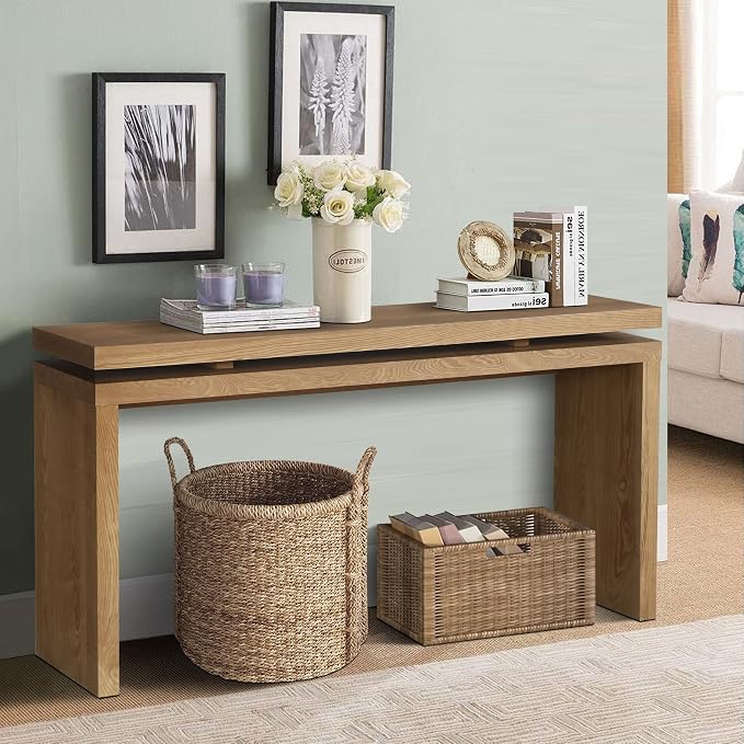 Wood Console Table, 60" Retro Narrow Long Sofa Table Behind Couch with Double Board Suspension Design and Solid Wood Finish for Hallway Entryway Living Room Entrance, Brown