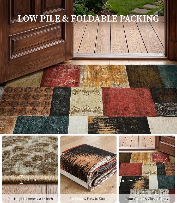 YIHOUSE Mid Century Modern Vintage Cowboy Area Rug 3x5 for Bedroom,Retro Patchwork Living Room Rug Non Slip,Red and Brown Floral Farmhouse Rugs Washable, Geometric Boho Rugs for Kitchen,Dining Room