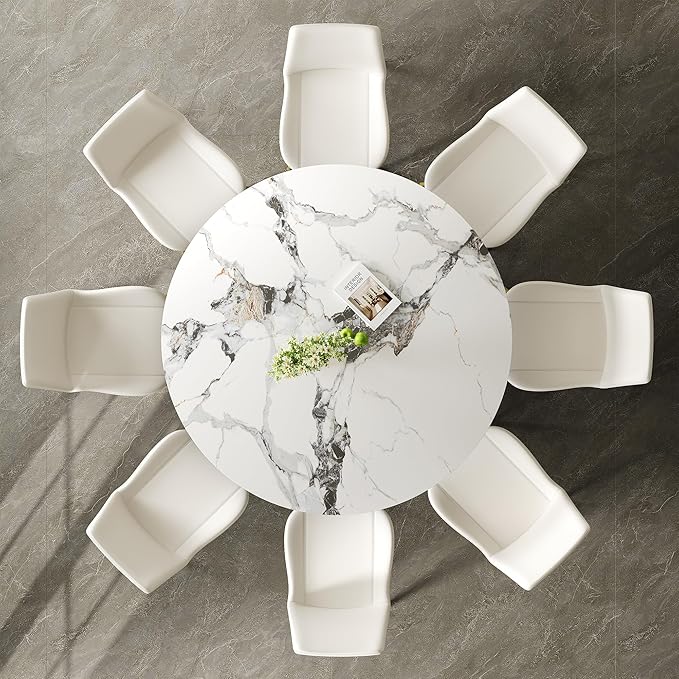 Montary 53 inch Luxury Round Dining Table Set with Sintered Stone Top & Gold Stainless Steel Base, Modern 9-Piece Kitchen Set for 4-8 People, Dining Table with 8 White PU Chairs, Easy Assembly