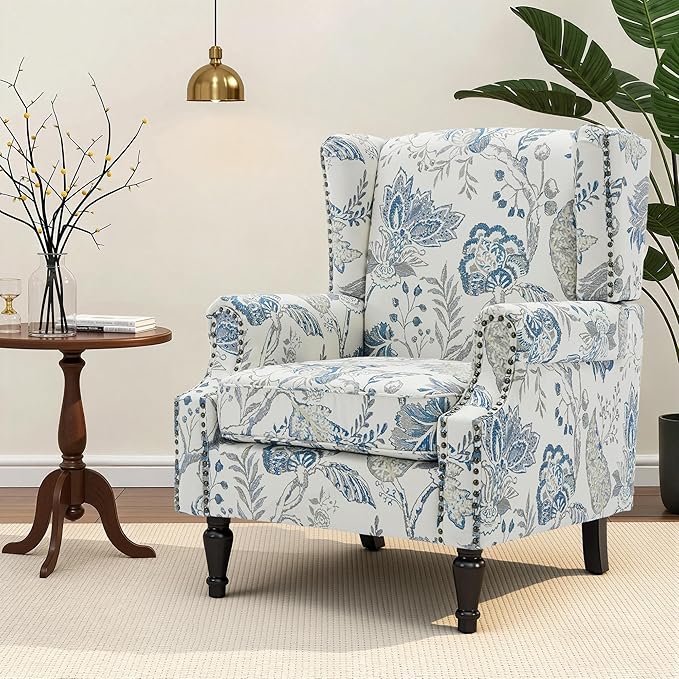 Wingback Chair, High Back Floral Accent Chair in Fabric, Comfy Upholstered Armchair with Nailhead Trim for Living Room, Single Sofa Reading Chair for Small Spaces, Bedroom-Plants Blue