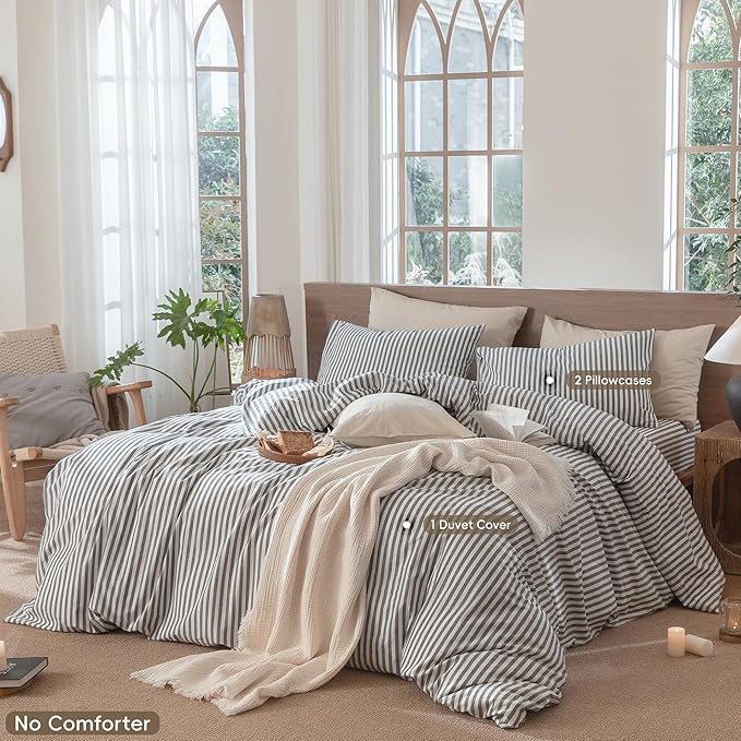 MooMee Striped Duvet Cover Set 100% Washed Cotton Linen Like Textured Breathable Durable Soft Comfy (Dark Grey White Classic Stripes, Alaska King 132"x120")