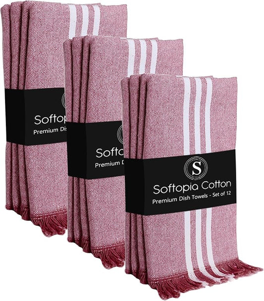 Prewashed Stripe Dish Towels 12 Pack, 16x26 Inches, Absorbent Hand Towels for Kitchen Use, Quick Dry Cloths for Cleaning, Durable Washable Rags, Reusable Dishcloth Set - Burgundy Wine