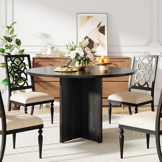 47 Inch Round Dining Table for 4-6 People, Rustic Circle Kitchen Table with X-Shaped Stable Pedestal, Dinner Table for Dining Room Kitchen Living Room, Black
