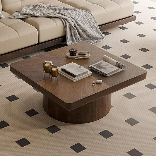 Solid Wood Square Coffee Table with Thick 3.1" Parquet Top & Cylindrical Base, Modern Living Room Coffee Table, Heavy-Duty Wood Center Table, Easy Assembly (34.6" Square Coffee Table)