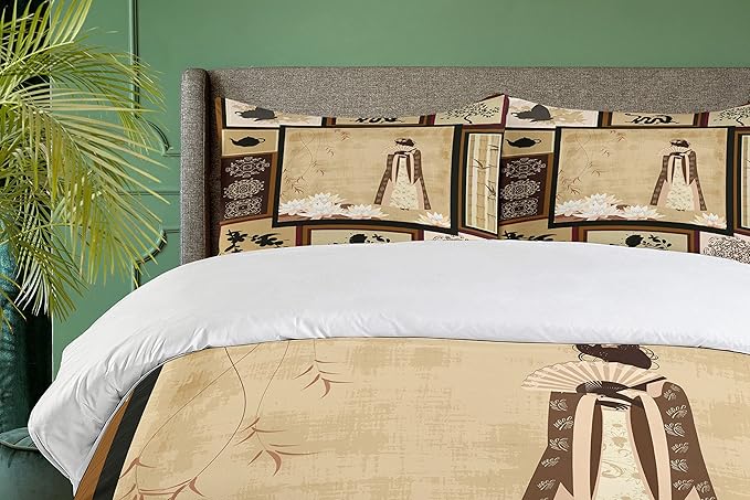 Ambesonne Japanese Duvet Cover Set, Girl in Traditional Dress and Cultural Patterns Ornaments Antique Eastern Collage, Decorative 2 Piece Bedding Set with 1 Pillow Sham, Twin Size, Brown Cream