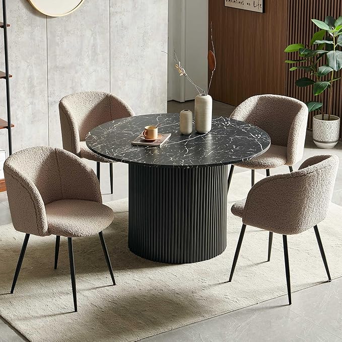 Farmhouse Black Dining Table Set for 4,Rustic Round Kitchen Table Set with Brown Upholstered Sherpa Dining Chairs, Modern Kitchen Table and Chairs Set for Living Room, Dining Hall,Restaurant