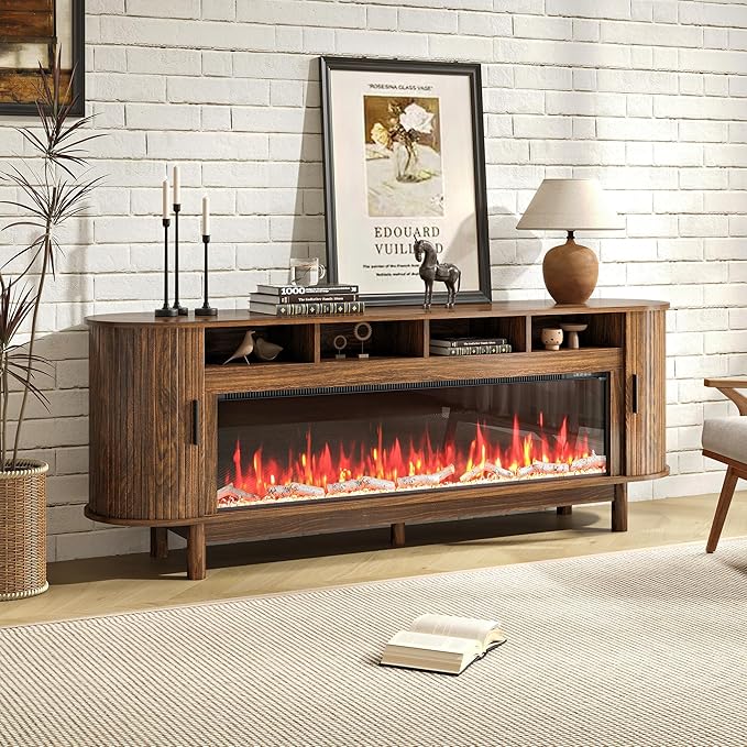 70 Inch Modern Fireplace TV Stand for TVs up to 80 inches, Mid Century TV Console with Solid Wood Legs, Sliding Doors & Curved Design,Media Console for Living Room, Brown