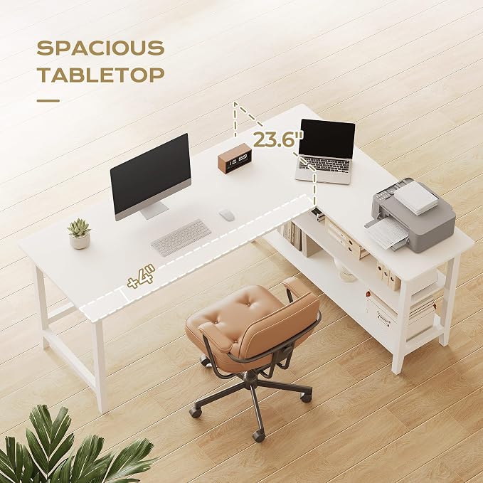 IOTXY Reversible L-Shaped Office Desk - 63" Extra Large Corner Computer Table with Storage Shelves, Solid Wood Legs, Home Writing & Study Workstation, White