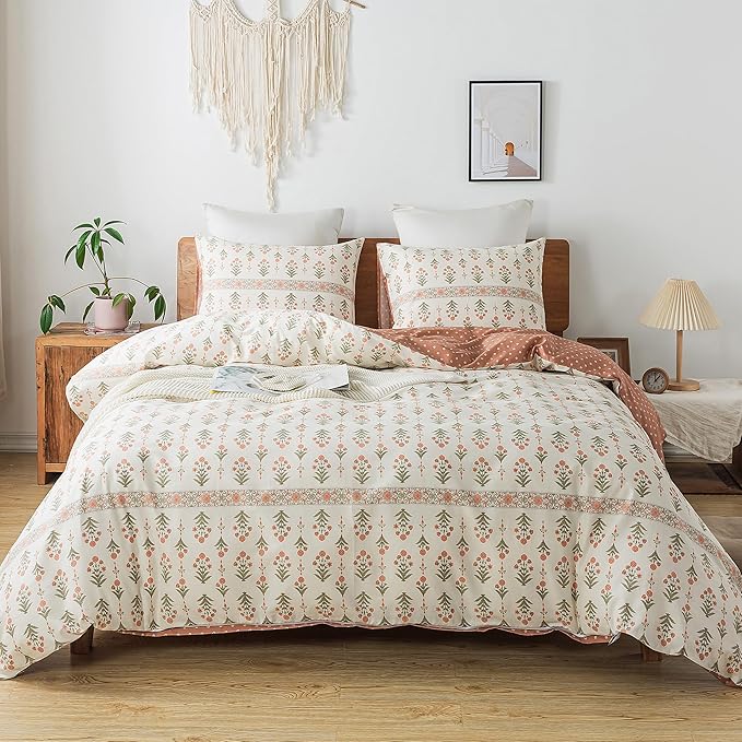 HoneiLife Floral Duvet Cover Twin - 100% Cotton Comforter Cover Wildflower Duvet Cover Sets, Botanical Duvet Cover with Zipper Closure & Corner Ties, 2-PCS Orange Comforter Cover Sets