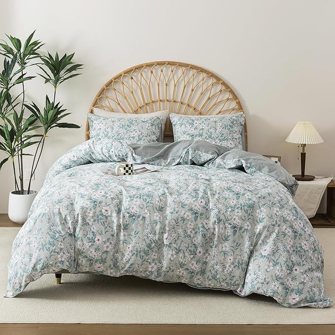 HoneiLife Botanical Duvet Cover King - 100% Cotton Comforter Cover 3-PC, Floral Bedlinen Set with Zipper Closure & Corner Ties, Wildflower Comforter Cover Sets, Greenery