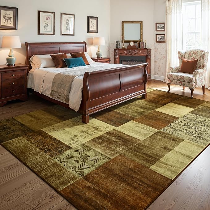 Tepook Modern Area Rug for Living Room, 5x7 Geometric Large Rugs for Bedroom, Washable Patchwork Rug Indoor Non-Slip Throw Carpets for Dining Room Office Farmhouse Home Decor, Brown