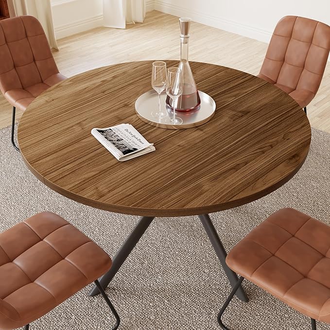 45.3 Inch Modern Round Dining Table for 4, Space-Saving Dinette with Carbon Steel Legs for Home Kitchen Apartment(Light Walnut Table)