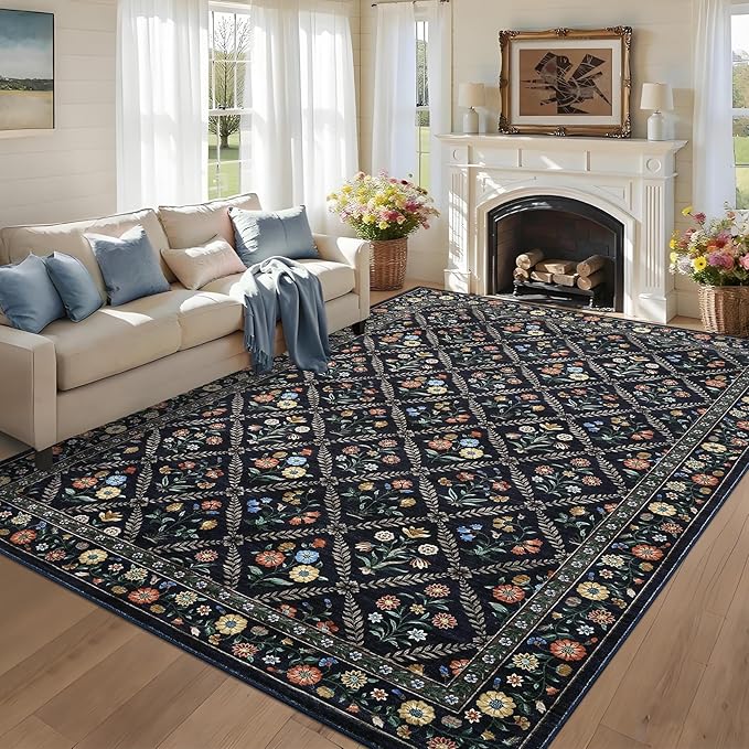 GarveeHome Floral 9x12 Area Rugs for Living Room Bedroom, Soft Washable Rugs 9x12 Stain Resistant, Ultra-Thin Non-Slip Dining Room Rug Non-Shedding Accent Carpet for Office Navy&Black