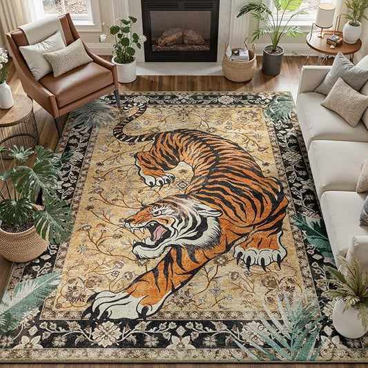 DCX Washable 5x7 Tiger Area Rug, Brown Vintage Animal Rug for Living Room, Soft Low Pile Carpet, Kid & Pet Friendly with Rubber Back Non Slip, Stain Resistant Rug for Bedroom Dining Room Office
