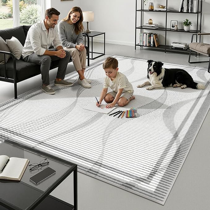 Merelax 5x8 Area Rug for Bedroom - Washable Non-Slip Large Area Rug, Indoor Floor Carpet Low Pile Soft Farmhouse Rug for Dining Room, Mudroom, Modern Aesthetic Abstract Geometric Decor, Grey