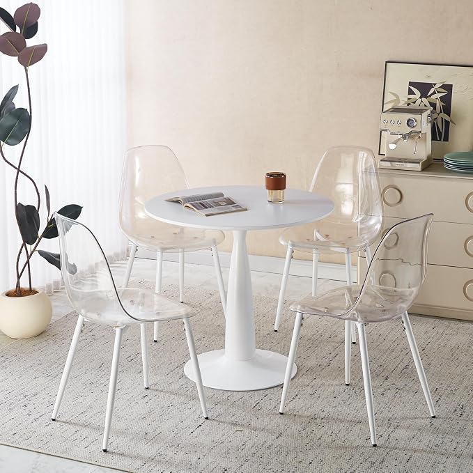 31.5 Inch Round Pedestal Dining Table for 4 to 6 Person Mid Century Modern Tulip Table MDF Top with Metal Base for Living Room Kitchen Office, White
