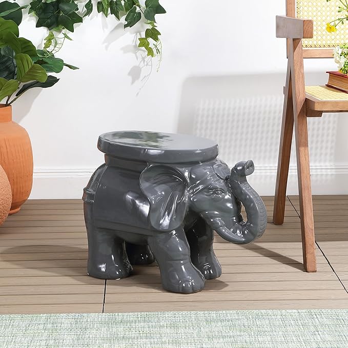 JONATHAN Y TBL1007E White Elephant 14.25" Ceramic Indoor/Outdoor Garden Stool Coastal, Contemporary, Transitional, Patio, Garden Room, Bathroom, Living Room, Gray