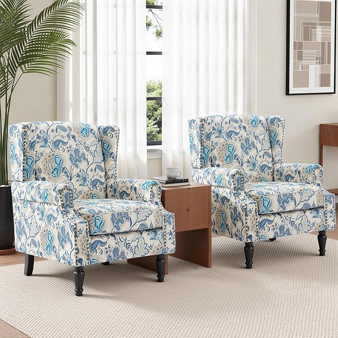 Wingback Chairs Set of 2, High Back Floral Accent Chair in Fabric, Comfy Upholstered Armchair with Nailhead Trim for Living Room, Single Sofa Reading Chair for Small Spaces, Bedroom-Boho Blue