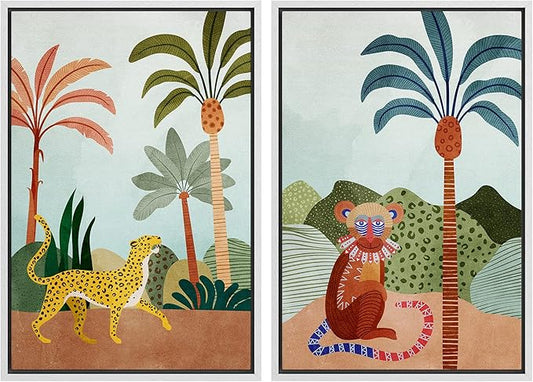 IDEA4WALL Framed Canvas Print Wall Art Set Wild Tropical Jungle Safari Cheetah & Monkey Nature Wilderness Digital Art Modern Art Decorative Animal for Living Room, Bedroom, Office - 16"x24"x2 White