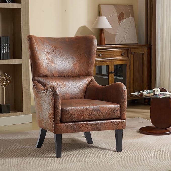 Mid-Century Modern Wingback Chairs, Accent Club Chair with Nailhead Trim, Faux Leather Armchair Sofa Reading for Living Room Single Sofa Armchair Office