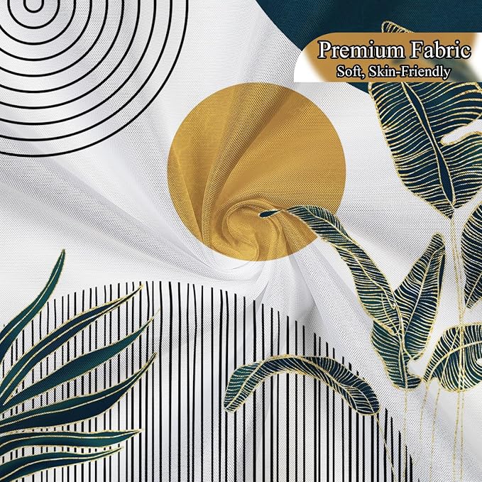 Mid Century Boho Shower Curtain, Abstract Modern Sun Minimalist Aesthetic Shower Curtain, Bohemian Geometric Arch Curve Leaves Neutral Art Fabric Bathroom Curtains Blue 48x72 inch